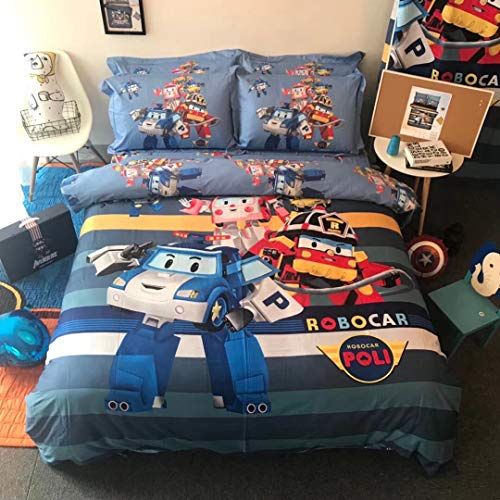  Casa 100% Cotton Kids Bedding Set Boys Robocar Poli Duvet Cover and Pillow Cases and Fitted Sheet,4 Pieces,Full