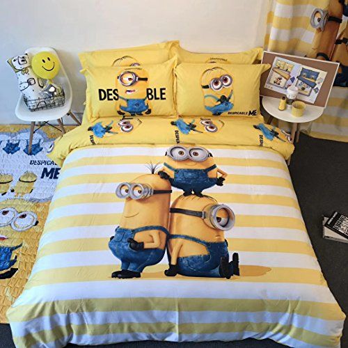  Casa 100% Cotton Kids Bedding Set Boys Minions The First Duvet Cover and Pillow Cases and Flat Sheet,Boys,4 Pieces,Queen