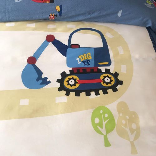  CASA Casa 100% Cotton Kids Bedding Set Boys Construction Vehicle Duvet Cover and Pillow case and Flat Sheet,3 Pieces,Twin