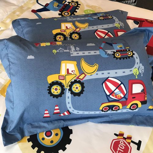  CASA Casa 100% Cotton Kids Bedding Set Boys Construction Vehicle Duvet Cover and Pillow case and Flat Sheet,3 Pieces,Twin