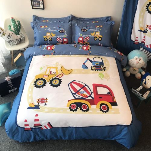  CASA Casa 100% Cotton Kids Bedding Set Boys Construction Vehicle Duvet Cover and Pillow case and Flat Sheet,3 Pieces,Twin