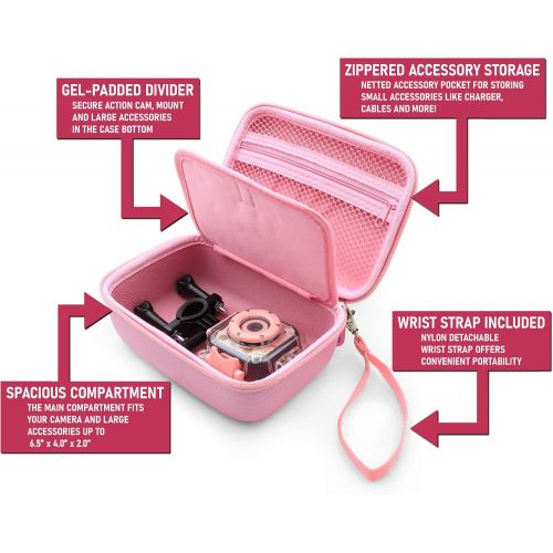  CASEMATIX Camera Travel Case Compatible with PROGRACE, Ourlife, Dragon Touch and More Waterproof Toy Camera Video Recorders - Pink Case for Toy Action Camera and Accessories