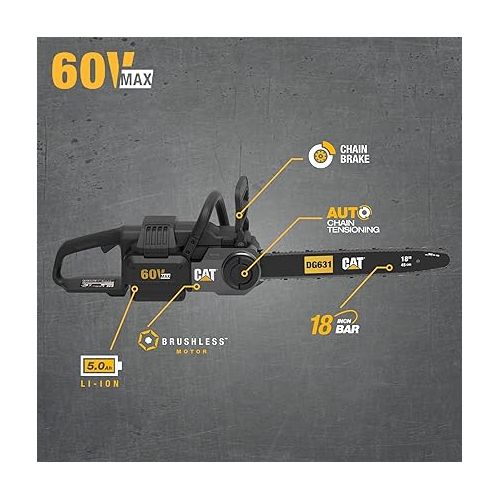  Caterpillar DG631 60V Brushless 18” Chainsaw, Battery Chainsaw with Chain Brake for Safety, Electric Chainsaw Cordless with Tool-Free Chain Tensioning - Battery & Charger Included