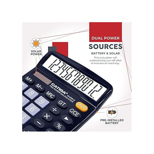  CATIGA 12 Digits Desktop Calculator with Large LCD Display and Sensitive Button, Dual Solar Power and Battery, Standard Function for Office, Home, School, CD-2786