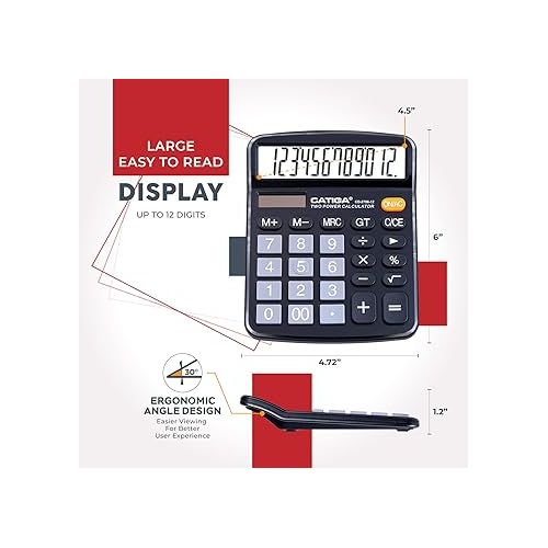  CATIGA 12 Digits Desktop Calculator with Large LCD Display and Sensitive Button, Dual Solar Power and Battery, Standard Function for Office, Home, School, CD-2786