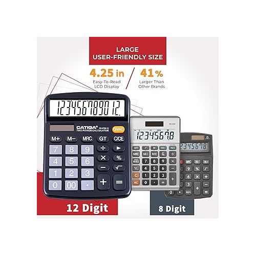  CATIGA 12 Digits Desktop Calculator with Large LCD Display and Sensitive Button, Dual Solar Power and Battery, Standard Function for Office, Home, School, CD-2786