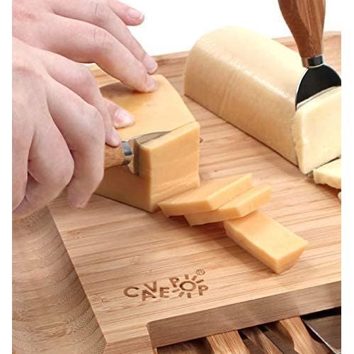  [아마존베스트]CAVEPOP Bamboo Charcuterie Cheese Board and Knife Set, Serving Platter Tray with Cutlery Set, Housewarming Gifts, Entertaining Serving Dishes, Cheese Serving Plate, Large Cheese Charcuteri