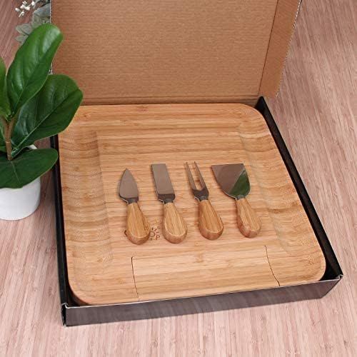  [아마존베스트]CAVEPOP Bamboo Charcuterie Cheese Board and Knife Set, Serving Platter Tray with Cutlery Set, Housewarming Gifts, Entertaining Serving Dishes, Cheese Serving Plate, Large Cheese Charcuteri