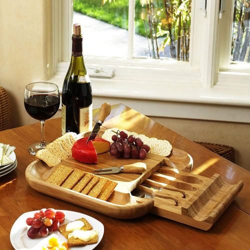  [아마존베스트]CAVEPOP Bamboo Charcuterie Cheese Board and Knife Set, Serving Platter Tray with Cutlery Set, Housewarming Gifts, Entertaining Serving Dishes, Cheese Serving Plate, Large Cheese Charcuteri