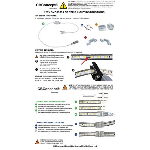  CBconcept UL Listed, 50 Feet, 5500 Lumen, 6000K Pure White, Dimmable, 110-120V AC Flexible Flat LED Strip Rope Light, 930 Units 3528 SMD LEDs, Indoor/Outdoor Use, Accessories Inclu