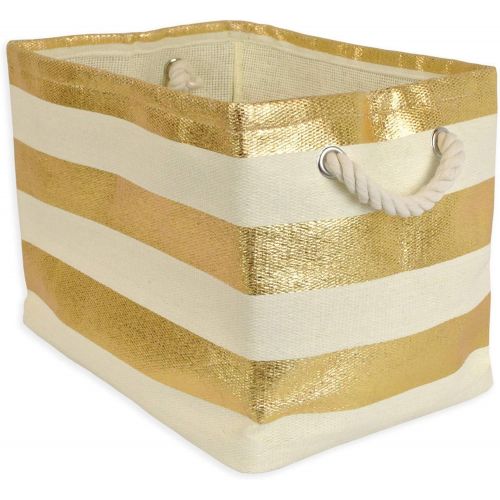  [아마존베스트]CC Home Furnishings 15 Ivory White and Golden Colored Striped Patterned Large Sized Rectangular Paper Basket