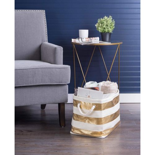  [아마존베스트]CC Home Furnishings 15 Ivory White and Golden Colored Striped Patterned Large Sized Rectangular Paper Basket