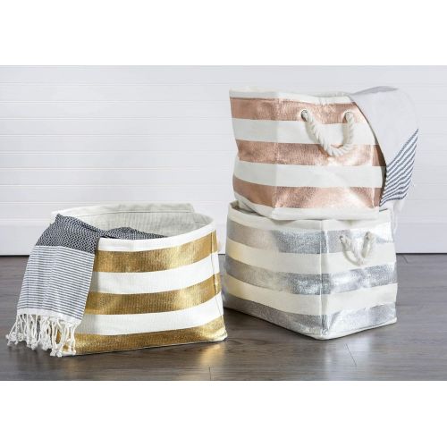  [아마존베스트]CC Home Furnishings 15 Ivory White and Golden Colored Striped Patterned Large Sized Rectangular Paper Basket