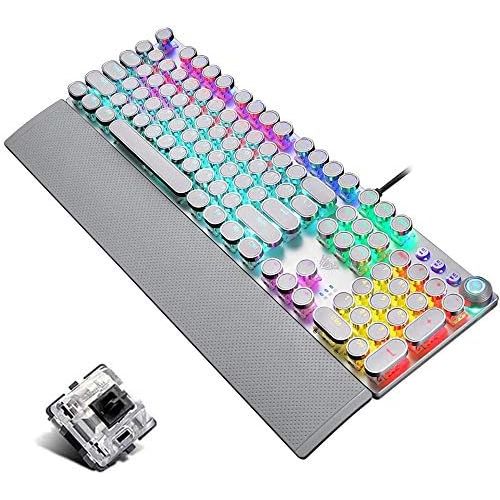  CC MALL Retro Steampunk Mechanical Gaming Keyboard, Metal Panel, Black Switches, LED Backlit,USB Wired,Hand Rest,Typewriter-Style Round Keycaps,for Game and Office,for Computer Laptop Desk