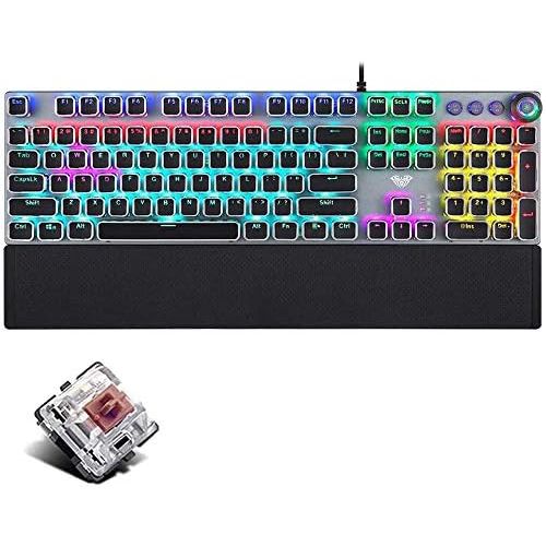  CC MALL Gaming Mechanical Keyboard, Metal Panel104 Anti-ghosting Keys,Brown Switches,Led Backlit,USB Wired, Wrist Rest,Good for Game and Office,for Computer PC Desktop Laptop(2088-Black)