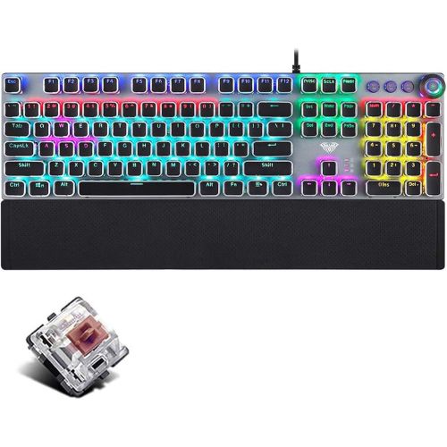  CC MALL Gaming Mechanical Keyboard, Metal Panel104 Anti-ghosting Keys,Brown Switches,Led Backlit,USB Wired, Wrist Rest,Good for Game and Office,for Computer PC Desktop Laptop(2088-Black)