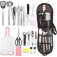 CCJK 19Pcs Portable Outdoor Utensil Cookware Set Stainless Steel Camping Kitchen Utensil Set with Carrying Organizer Backbag for Travel BBQ Grilling Picnic with Cooking Accessories