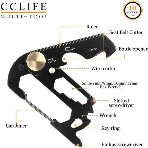  CCLife EDC Multifunction Keychain,Survival Tactical Pocket Tool,Stainless Steel Multi-Purpose Carabiner Clip with Bottle Opener, Wrench, Screw Driver, etc. (Black Coating)