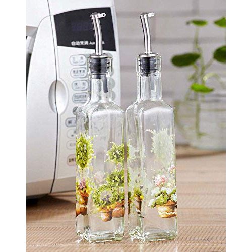  CEDAR HOME Olive Oil Bottle Set Glass Dispenser Vinegar Cruet 9oz. with Stainless Steel Leak Proof Pourer Spout for Cooking or Salad, Vegetables