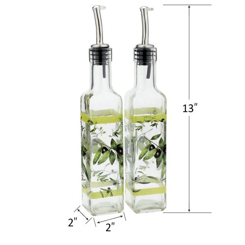  CEDAR HOME Olive Oil Bottle Set Glass Dispenser Vinegar Cruet 17oz. with Stainless Steel Leak Proof Pourer Spout for Cooking or Salad Dressing, 2 Pack, Green