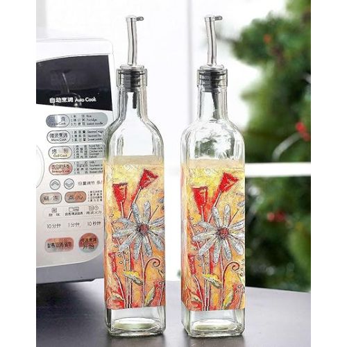  CEDAR HOME Olive Oil Bottle Set Glass Dispenser Vinegar Cruet 17oz. with Stainless Steel Leak Proof Pourer Spout for Cooking or Salad Dressing, 2 Pack, Orange