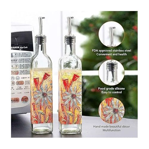  CEDAR HOME Olive Oil Bottle Set Glass Dispenser Vinegar Cruet 17oz. with Stainless Steel Leak Proof Pourer Spout for Cooking or Salad Dressing, 2 Pack, Orange