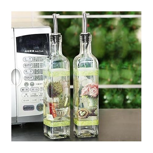  CEDAR HOME Olive Oil Bottle Set Glass Dispenser Vinegar Cruet 17oz. with Stainless Steel Leak Proof Pourer Spout for Cooking or Salad Dressing, 2 Pack, Green