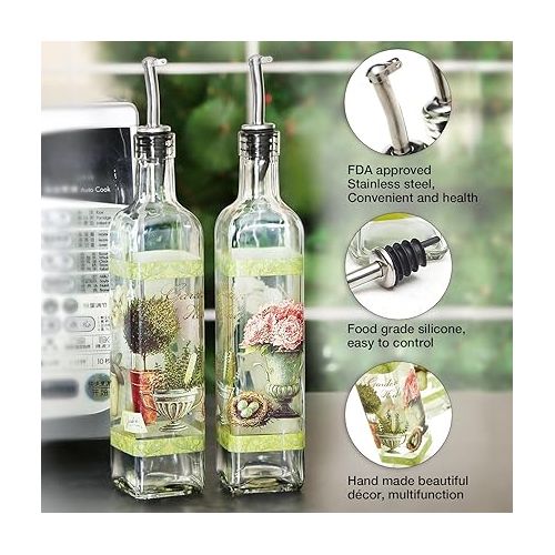  CEDAR HOME Olive Oil Bottle Set Glass Dispenser Vinegar Cruet 17oz. with Stainless Steel Leak Proof Pourer Spout for Cooking or Salad Dressing, 2 Pack, Green