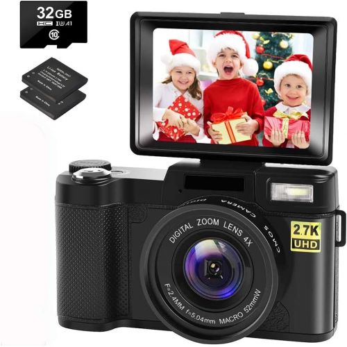  [아마존베스트]CEDITA Digital Camera Vlogging Camera with YouTube 30MP Full HD 2.7K Vlog Camera with Flip Screen 180° Rotation with 32GB Memory Card and 2 Batteries