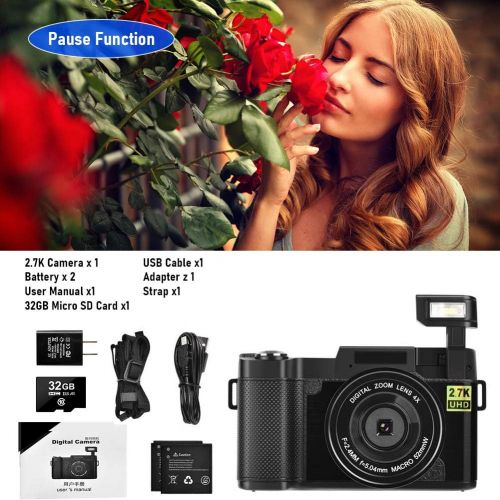  [아마존베스트]CEDITA Digital Camera Vlogging Camera with YouTube 30MP Full HD 2.7K Vlog Camera with Flip Screen 180° Rotation with 32GB Memory Card and 2 Batteries