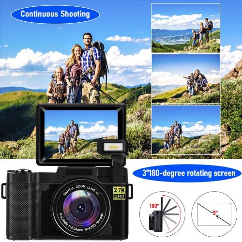  [아마존베스트]CEDITA Digital Camera Vlogging Camera with YouTube 30MP Full HD 2.7K Vlog Camera with Flip Screen 180° Rotation with 32GB Memory Card and 2 Batteries