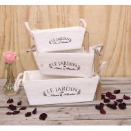 CEHome Le Jardin Set of 3 Rustic White Wooden Planters FrenchRope Handles Shabby Chic