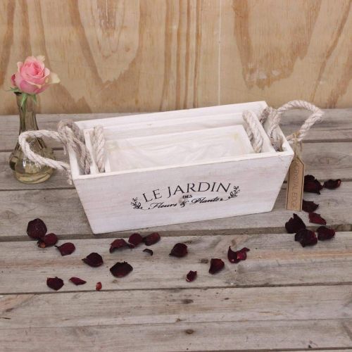  CEHome Le Jardin Set of 3 Rustic White Wooden Planters FrenchRope Handles Shabby Chic