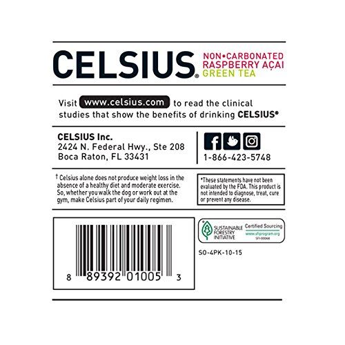  CELSIUS Raspberry Acai Green Tea Non-Carbonated Fitness Drink, ZERO Sugar, 12oz. Slim Can 4-Packs, 24...