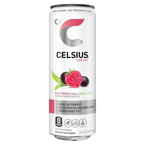  CELSIUS Raspberry Acai Green Tea Non-Carbonated Fitness Drink, ZERO Sugar, 12oz. Slim Can 4-Packs, 24...