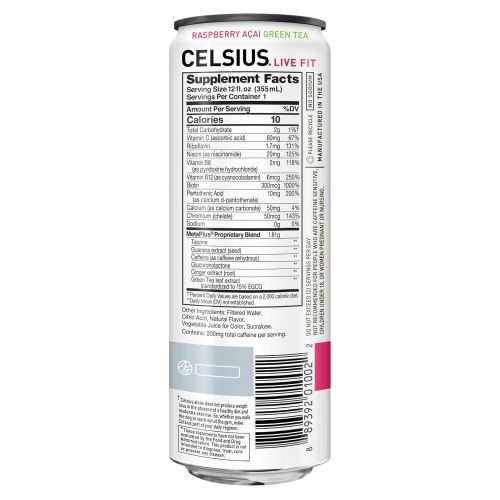  CELSIUS Raspberry Acai Green Tea Non-Carbonated Fitness Drink, ZERO Sugar, 12oz. Slim Can 4-Packs, 24...