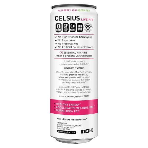  CELSIUS Raspberry Acai Green Tea Non-Carbonated Fitness Drink, ZERO Sugar, 12oz. Slim Can 4-Packs, 24...