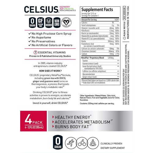  CELSIUS Raspberry Acai Green Tea Non-Carbonated Fitness Drink, ZERO Sugar, 12oz. Slim Can 4-Packs, 24...