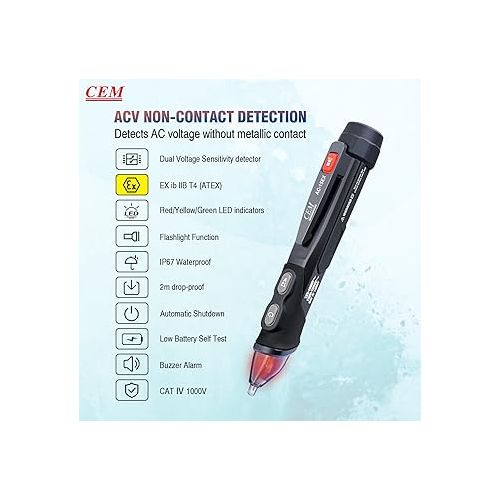  CEM AC-15EX Voltage Tester,Non-Contact Volt Tester, with Dual Range AC 12V-1000V/100V-1000V, Live/Null Wire Tester, Buzzer Alarm, Wire Breakpoint Finder, Flashlight, Ex ib IIB T4 (ATEX)