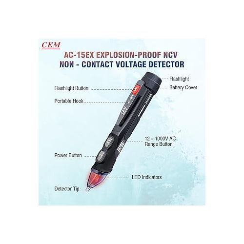  CEM AC-15EX Voltage Tester,Non-Contact Volt Tester, with Dual Range AC 12V-1000V/100V-1000V, Live/Null Wire Tester, Buzzer Alarm, Wire Breakpoint Finder, Flashlight, Ex ib IIB T4 (ATEX)