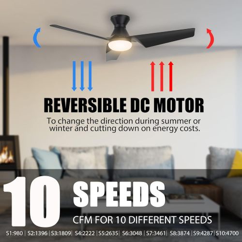  CEME Flush Mount 52 Inches Black Ceiling Fan With 10 Speeds & 3 Colors Dimmable Light, Remote Control DC Low Profile Smart Ceiling Fan With Lights Compatible With Alexa, Siri & Google H