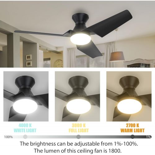  CEME Flush Mount 52 Inches Black Ceiling Fan With 10 Speeds & 3 Colors Dimmable Light, Remote Control DC Low Profile Smart Ceiling Fan With Lights Compatible With Alexa, Siri & Google H