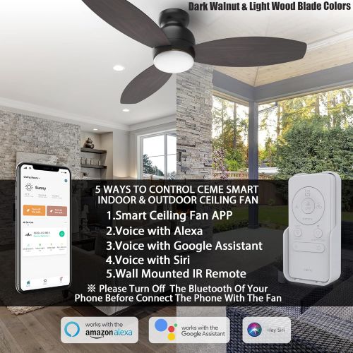  CEME Ceiling Fan with Lights, Indoor & Outdoor Ceiling Fan，48 Low Profile DC Smart Ceiling Fan Works with Alexa, Siri, Google Home & Smart APP, 2 Colors of Reversible Blades, Dark Walnu