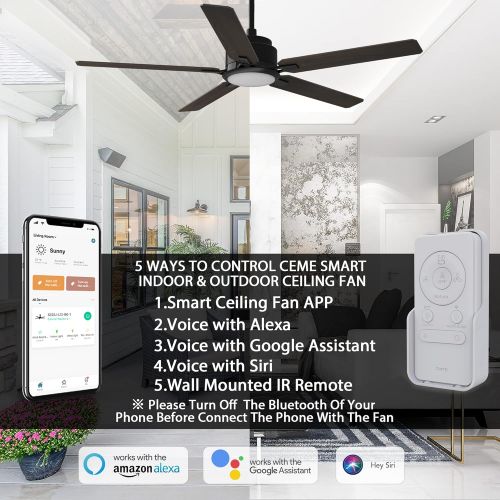  CEME 52“ Indoor & Outdoor Ceiling Fan With Light, Low Profile Smart Ceiling Fan With 10 Speeds, Silent DC Motor, Farmhouse Ceiling Fan Compatible with Alexa, Siri, Google & Smart App, B