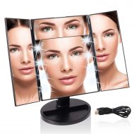 CESHUMD Makeup Vanity Mirror with Lights, Tri-fold Lighted Vanity Mirror with 8 LED Lights, Touch Screen, 1X/5X Magnification, 180° Adjustable Rotation and Dual Power Supply Tabletop Cosme