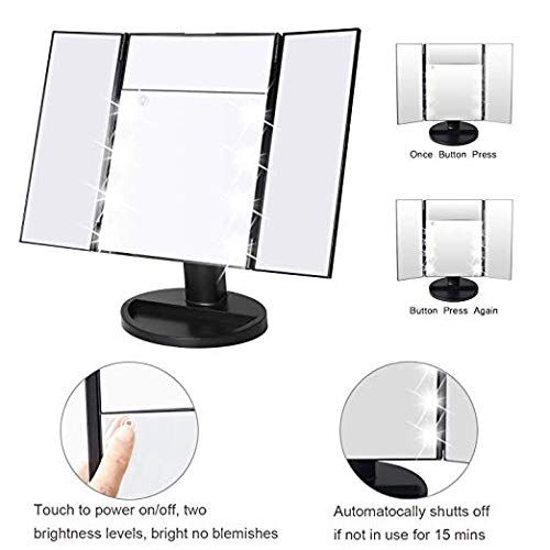  CESHUMD Makeup Vanity Mirror with Lights, Tri-fold Lighted Vanity Mirror with 8 LED Lights, Touch Screen, 1X/5X Magnification, 180° Adjustable Rotation and Dual Power Supply Tabletop Cosme