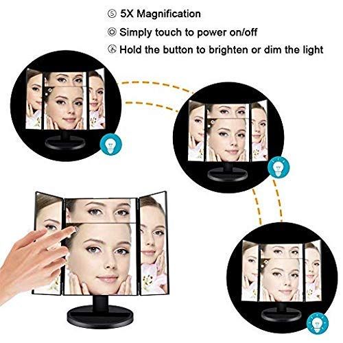  CESHUMD Makeup Vanity Mirror with Lights, Tri-fold Lighted Vanity Mirror with 8 LED Lights, Touch Screen, 1X/5X Magnification, 180° Adjustable Rotation and Dual Power Supply Tabletop Cosme