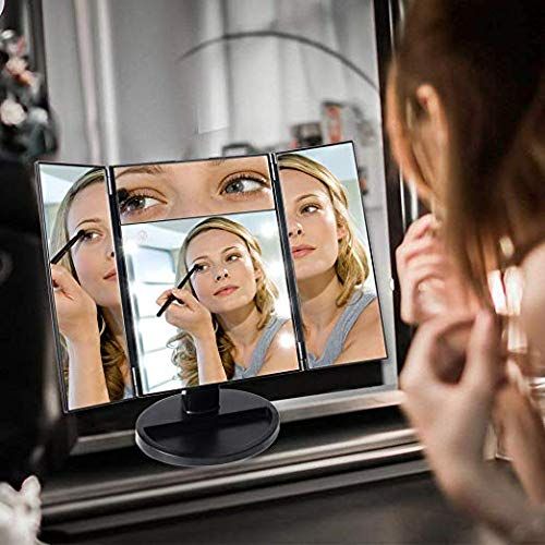  CESHUMD Makeup Vanity Mirror with Lights, Tri-fold Lighted Vanity Mirror with 8 LED Lights, Touch Screen, 1X/5X Magnification, 180° Adjustable Rotation and Dual Power Supply Tabletop Cosme