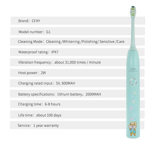  CFAY Kids Electric Toothbrush for Children Rechargeable USB IPX7 Waterproof Sonic Tooth Brush Cartoon...