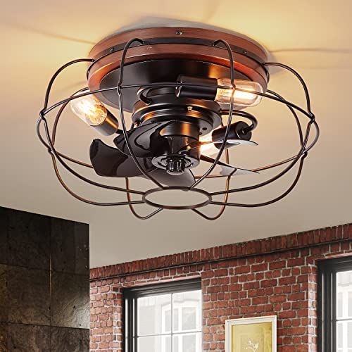  CFAYY Farmhouse Caged Ceiling Fans with Lights Flush Mount, 18 Rustic Bladeless Ceiling Fan Remote Control, Quiet Reversible Motor, 6 Gear Speeds, 1/2/4 Hour Timing